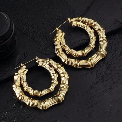 Fashion Ethnic Style Geometric Hoop Earrings For Women Gold Silver Color Alloy Tone Bamboo Punk Women Big Hollow Creole Bijoux