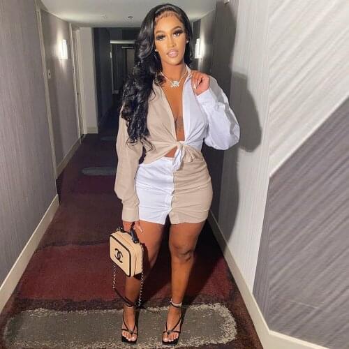 2021 Spring Autumn Womens Set Long Sleeve Blouse Shirt Buttons Up Mini Skirt Sweatsuit Two Piece Matching Set Color Block Suit