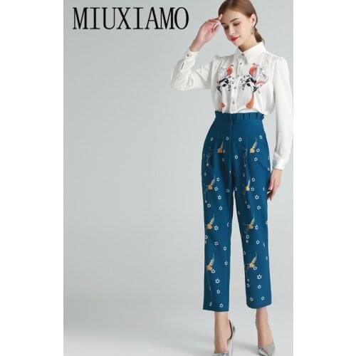 MIUXIMAO 2021 Spring Summer Women Long Sleeve Flower Star Printed Fashion White Shirt + Pencil Pants Set Two-piece Suit