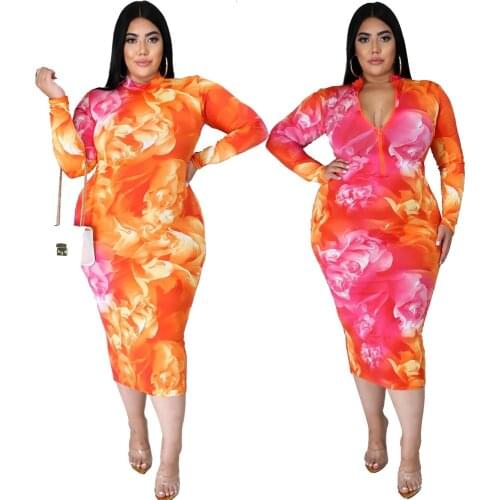 Sexy Floral Long Sleeves Plus Size Rose Red Woman Fall Spring Clothing 2020 Boycon Skinny Turleneck Dress with Zipper L-5XL