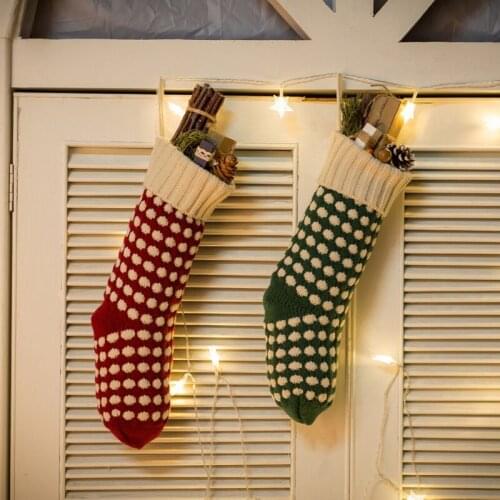1pc Christmas Socks Dots Acrylic Knitted Socks Gift Holder Tree Ornament Mid-Socks Hanging Decor With Ring For Candy Present