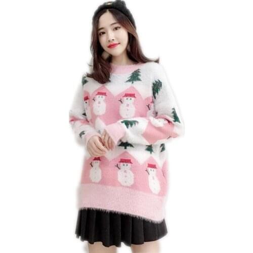 2018 New Print Christmas Snowman Women Sweater Autumn Winter O-Neck Long Sleeve Sweet Knitted Tops Loose Mink Hair SweaterQ1132
