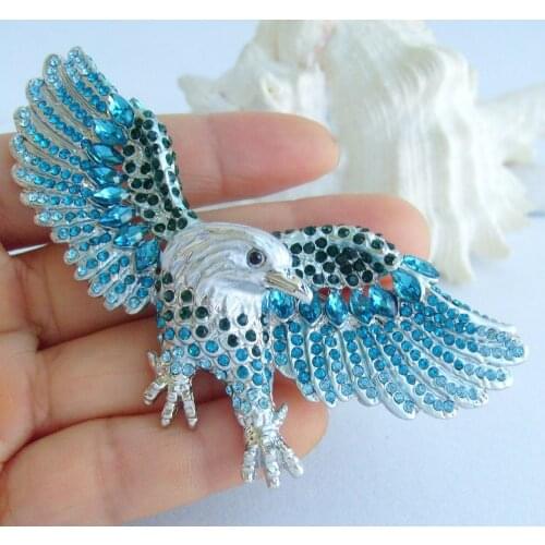 3.15" Unique Bird Eagle Brooch Pin Blue Green Rhinestone Crystal Pendant EE04717C10