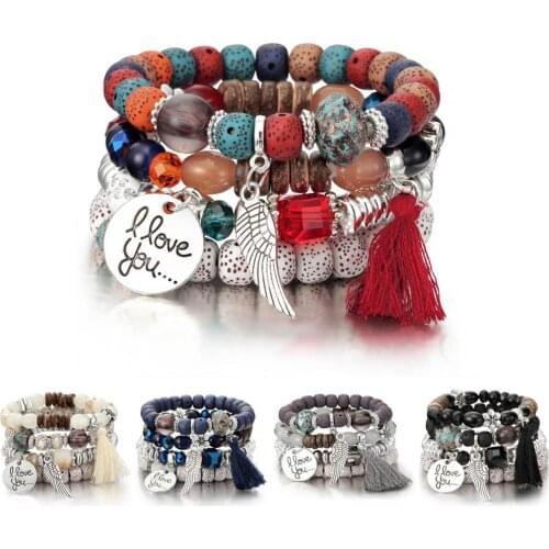 4Pcs/Set Bohemia Style Wing Beads Bracelet Women Bangle Jewelry Party Gift 2020