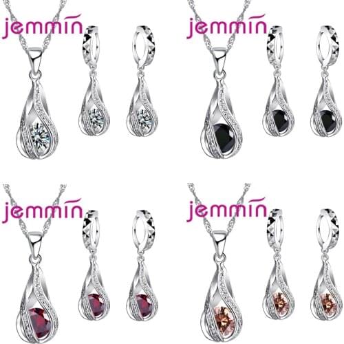 925 Sterling Silver Classic Romantic Drop Shape White Crystal Jewelry Sets Water Wave Necklace Pendant Hoop Earrings