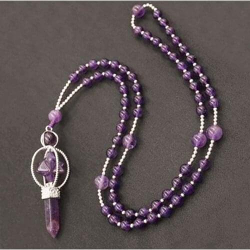 100-Unique 1 Pcs Silver Plated Handmade Round Beads Chain Pendant Energy Scepter Amethysts Necklace Amulet Jewelry
