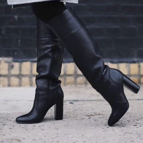 Black Matte Leather Chunky Heel Knee High Boots Round Toe Loose Thick Heels Long Boots Gladiator Dress Shoes Drop Ship