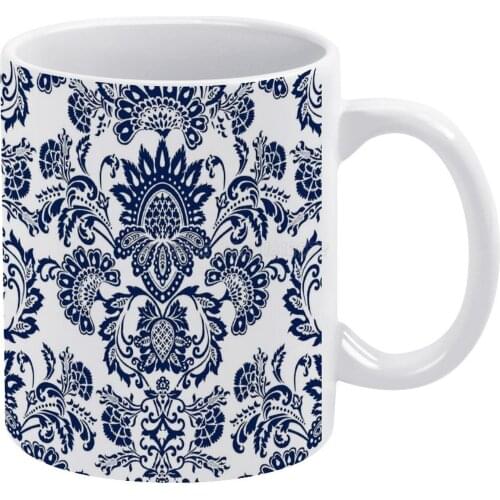 Damask in Blue And White ( Positive ) White Mug New Good Quality Print Mug 11 Oz Coffee Cup Damask Blue Blue and White White Da