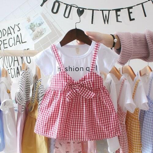 Children Summer Girls Dress Cute Plaid Fake Two Piece Bottoming Short Sleeved Sweet Princess Dress Kids Dresses For Girls