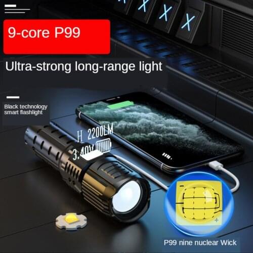 New Zoom Flashlight 9 Core P99 Super Bright Flashlight USB Charging Smart Electric Display Aluminum Alloy High Power Flashlight