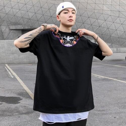 Men Japanese Streetwear Embroidery T-Shirt Casual Cotton Fashion Short Sleeves Tops Tees