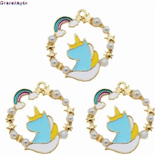 GraceAngie 8pcs Golden Base Enamel Unicorn With Pearl charms Blue Pendant Jewelry Necklace Bracelet Craft DIY Accessories