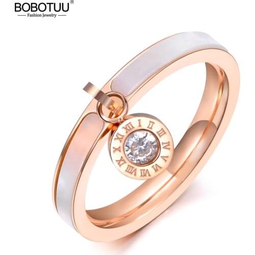 BOBOTUU Ethnic Design Rose Gold CZ Crystal Rhinestone Titanium Steel White Shell Wedding Rings For Women Gifts BR19064