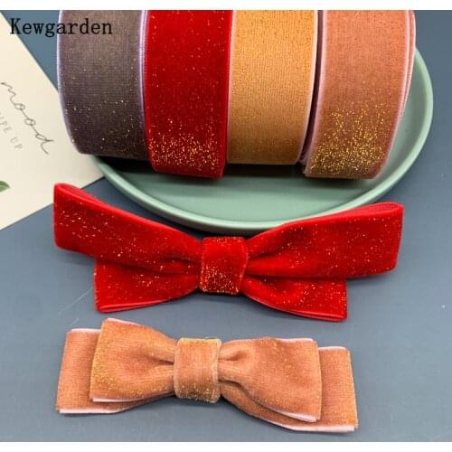Kewgarden 1" 25mm Golden Light Flocking Velvet Ribbon Handmade Tape DIY Hair Bow Accessories Riband Packing Webbing 10Yards