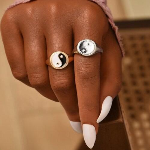 2 Pcs/Set Fashion Oil Tai Chi Yin Yang Rings for Women Men Punk Finger Rings Set Party Jewelry Accessories