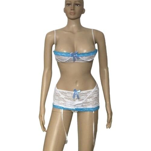 3 Pieces Sexy Lingerie Set Transparent Lace Push Up Open Bra Crotchless Panties Skirt Garter Women Underwear