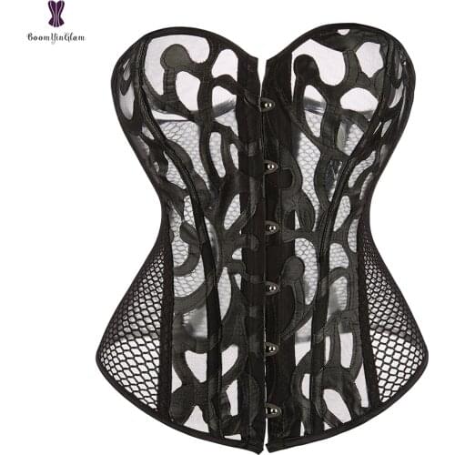 Steampunk Overbust Corset Hollow Out Mesh Corselet Waist Trainer Bustier Top Black White Gothic Korset