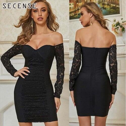 Lace Bodycon Dress Off Shoulder Black Above Knee Bandage Dress Sexy Nightclub Party Celebrities Good Quality Dresses SECENSE