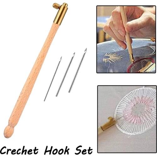 Embroidery with 3 Needles head Replaceable French wooden handle Crochet set sequin Beading Hoop sewing Craft hook tool kit