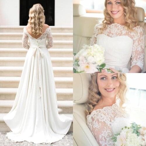 2020 New Elegant A Line Off Shoulder Wedding Dresses Lace Applique Sweep Train Garden Chiffon Wedding Bridal Gowns