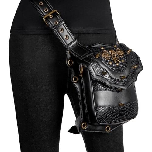 Steampunk Waist Bags Vintage Women Black Leather Street Style Mini Motorcycle Leg Thigh HolsterBag Crossbody Bag