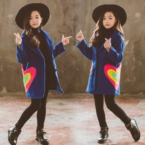 Blue Sweetheart Winter Autumn Woolen Coat Girls Kids Thicken Outerwear Teenage Top Costume Evening Party Childrens Clothing