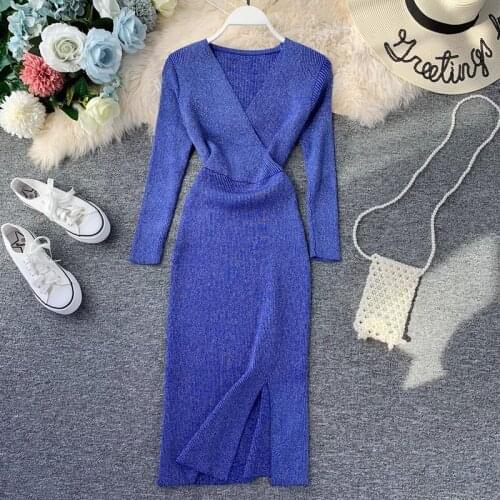 Spring/Autumn Dresses for Women V Neck High Waist Long Sleeve Bright Silk Knitted Dress Sexy Dress Wholesale