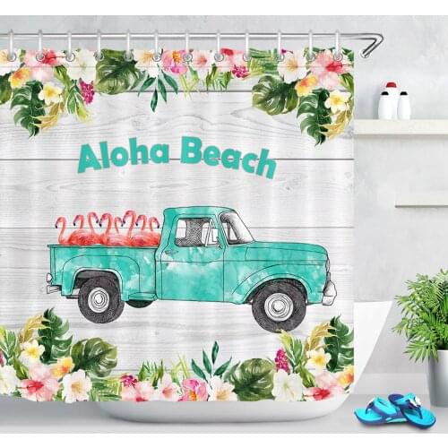 Green Rustic Truck Flower Flamingo Shower Curtain Floral Waterproof Polyester Fabric Bath Decor Bathroom Curtain with Hooks