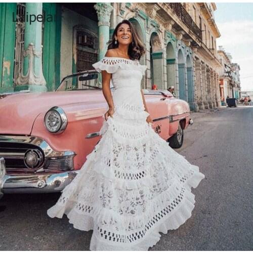 Women White Ruffles Lace Maxi Long Dress A-line Slash Neck Sleeve Hollow Out Summer Vintage Large Size Party Dress