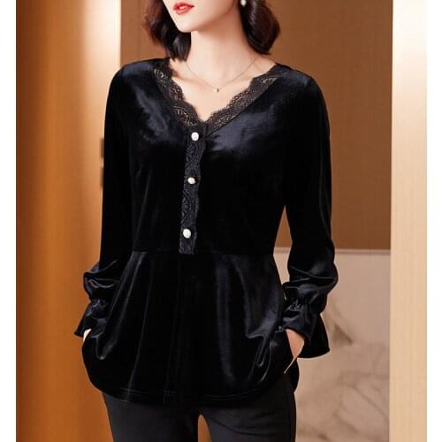 2021 Spring New Women Sexy V-neck Gold Velvet Top Elegant Black Long Sleeve Wild Basic T Shirts Vintage Casual Ladies Tops X482