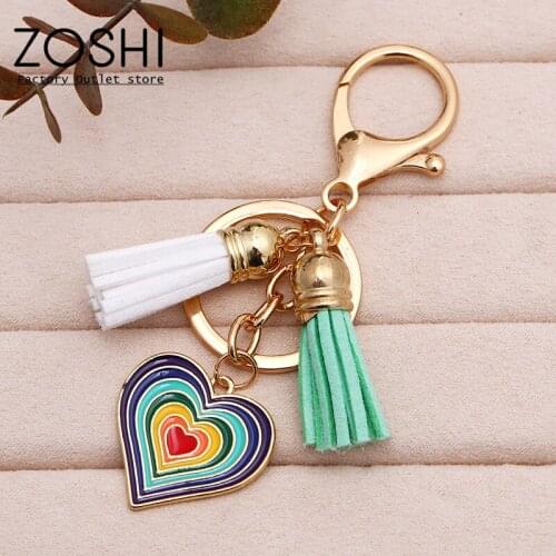 ZOSHI 2021 Women Fashion Keychain Rainbow heart Dripping Oil Charm Car Bag pendant Key Ring Best Party Gift Jewelry