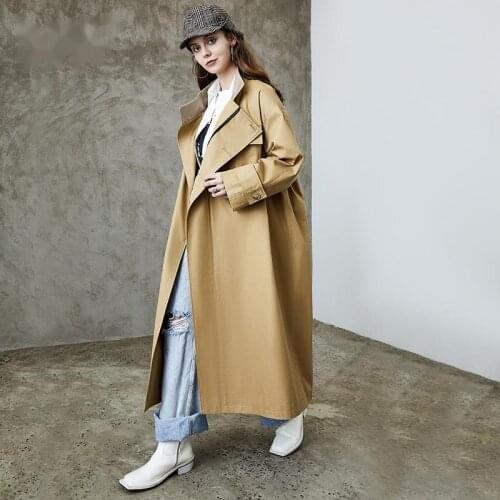 Fashion 2021 Fall /Autumn Casual Cotton Breasted Classic Long Trench Coat With Belt Female Windbreaker
