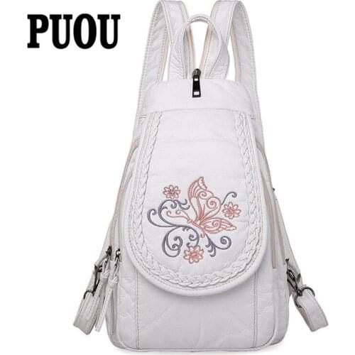 2020Butterfly Embroidery Sheepskin Women Backpack 3 in 1 Soft Genuine Leather Chest Bag For Mother Ladies Large Capacity Bagpack