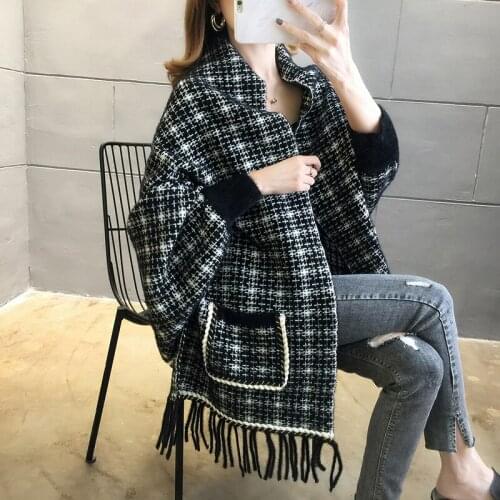 Fall New Women Sweater Jacket 2021 Oversized Knitted Cardigans Loose Plaid Jumpers Korean Cloak Robe Long Elegnat Female Coat157