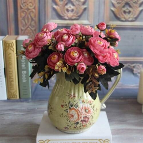 1 Bouquet Artificial Silk Tea Rose Flower European Vintage Silk Flowers Fall Vivid Peony Fake Leaf Wedding Home Party Decoration
