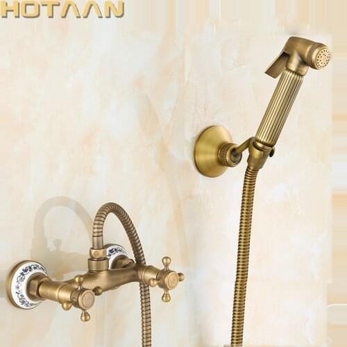 Free shipping New Arrivals Antique Bronze Bidet Faucet Dual Handle Mixer Wall Mounted Luxury Bathroom Shower Faucet Set YT-5194B