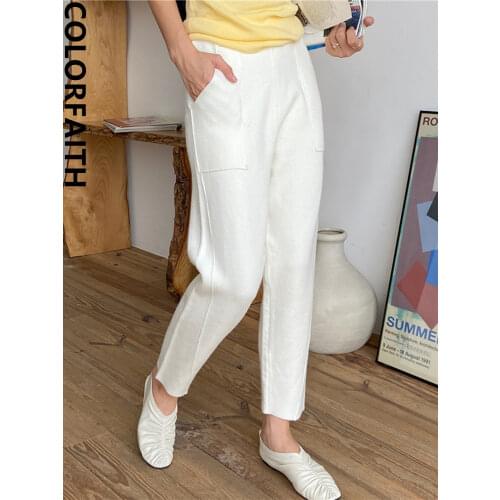 Colorfaith New 2021 Autumn Winter Women Pants 3 Colors High Waist Wide Leg Pockets Ankle-Length Harem Warm Wild Trousers P1058