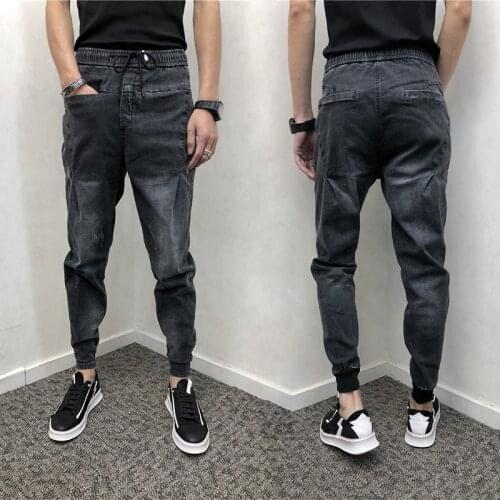 Mens spring and autumn 2021 Drawstring distressed trendy denim jeans ripped harem trousers slim feet pants trendy men