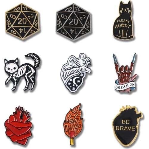 Punk style enamel Pins Night sky Heart Black skeleton cat Brooches for women Dragon & Dungeon Dice hand lapel Pin Badges Jewelry