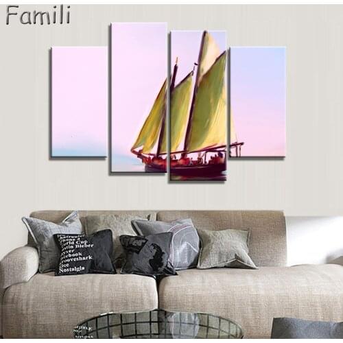 4Panel Canvas Painting Sailboat Sunset Cuadros Decoration Wall Art Modular Pictures for Living Room Unframed,wall pictures