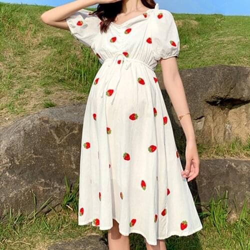 Summer Pregnancy Dress For Woman Plus Size Maternity Clothing Pregnant Clothes Strawberry Pineapple Embroidery Pattern Female