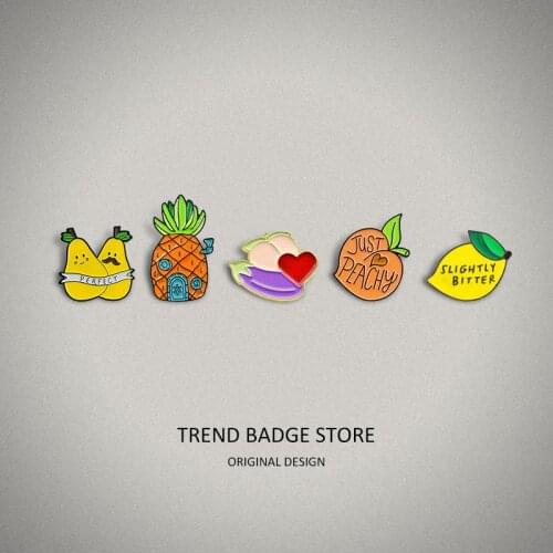 Fashion cartoon fruit Pins metal for Backpack peach lemon pear pineapple eggplant love Brooches for womens Clothing Bag Badge