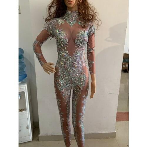 Fashion Sexy Nude Big Stretch Dance Costume Sexy Rhinestones Sparkly Jumpsuit One-piece Bodysuit Birthday Outfit Party Leggings