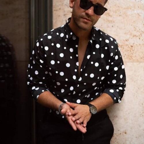 2020 New Fashion Mens Polka Dot Shirt Button Down Slim Fit Long Sleeve Boho Holiday Casual Shirts Bouse Tops Plus Size