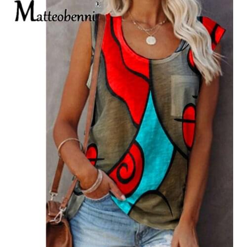 2021 Summer New Womens Fashion Casual Retro Sleeveless Color Matching Printing T-Shirt Plus Size Vest Top Sandy Beach T-Shirt