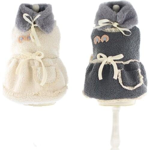 Hot Selling Luxury Fuax Fur Dog Dress Coat with Warm Collar Little Sunflower Princess Puppy Clothing Winter Pet Apparel