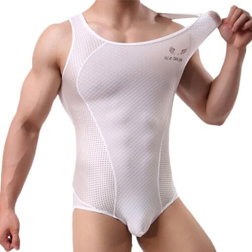 Mesh Undershirt Leotard Men Fitness Bodysuit Sports Wrestling Singlet Jumpsuit Shapeswear Corset Bugle Pouch Underwear Swimwear