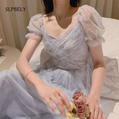 SLPBELY Women French Elegant Dress Summer Retro Chiffon Sequin Mesh Dress Casual Puff Sleeve Korean Party Beach Dress Sundress
