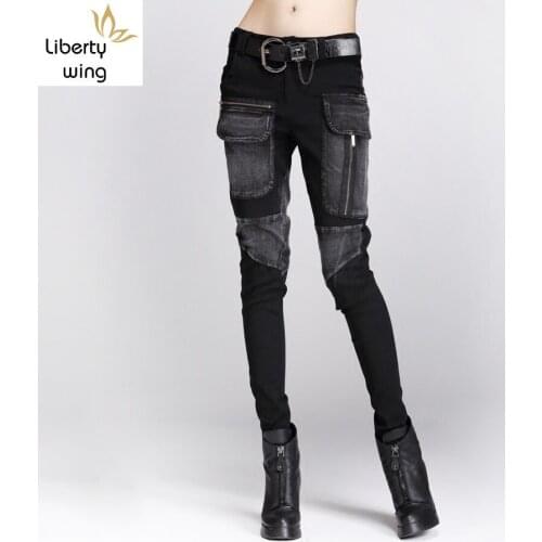 High Quality New Fashion Rteo Womens Casual Cargo Punk Pieced Patch Trousers Relaxed Skinny Jeans Pants Black Free Shipping