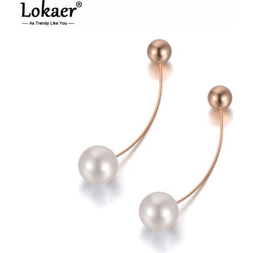 Lokaer Trendy Titanium Steel Geometric Double Beads Pearl Earrings For Women Bohemia Rose Gold Hyperbole Earring Jewelry E19211